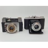 An Ilford Sportsmaster camera, with leather outer case, and an Agfa Isolette folding camera, with