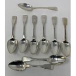 Nine silver fiddle pattern dessert spoons, initialed, various dates and makers, 12.7 ozt