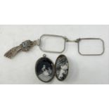 A pair of marcasite set lorgnettes or quizzing glasses, and a late Victorian oval locket,