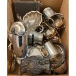 A silver plated coffee pot, and various other silver plate (box)