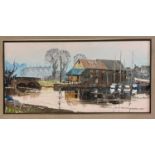 Harley Crossley (Sherborne b. 1936), a harbor scene, oil on canvas, signed, 28 x 59 cm