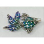 A silver plique-a-jour flying fish brooch/pendant, set with pearl and marcasite