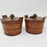 A pair of 19th century burr fruitwood boxes, in the form of pales, 13 cm diameter One lacking clasp