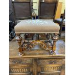 An 18th century style walnut stool, 52 cm wide, a pair of pedestal converted lamps, and a towel rail