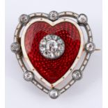 An Edwardian yellow and white coloured metal, enamel and diamond heart shaped brooch, 2 cm wide