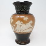 A Doulton stoneware jug, decorated a battle scene, 25 cm high