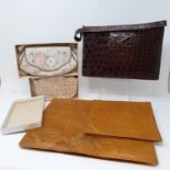 A faux crocodile handkerchiefs case, a similar pyjamas case, a vintage handbag, other textiles,