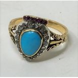 A 19th century turquoise, ruby and diamond heart shaped ring, ring size H