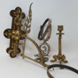 A brass wall hanging oil lamp holder, three others, various oil lamp parts and other items (box)