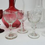 A set of three 19th century wine glasses, and various glassware (box)