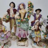 A 20th century Dresden figure of a lady holding a garland of flowers, various other Dresden