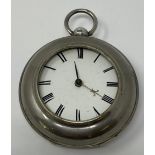 A silver open face pocket watch, with Roman numerals, lacks glass, in a later pair case