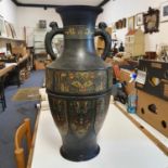 A large Chinese bronze cloisonné vase, blue ground, decorated stylised geometric forms, impressed