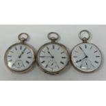A silver open face pocket watch, and two other similar, one lacking a back (3)