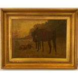 English school, early 20th century, landscape with figure and horse and foal, oil on canvas, 40 x 57
