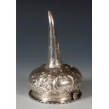 A George III silver wine funnel, crested, and with embossed decoration, London 1810, 12.5 cm high