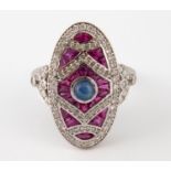 An 18ct gold, platinum, ruby, diamond and cabochon cut sapphire Art Deco style ring, ring size O