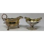 An 18th century silver sauce boat, London 1757, and a George III pedestal silver salt, 6.0 ozt (2)