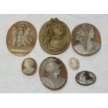 A lava stone cameo of Bacchus, 5 x 4 cm, and six other cameos All and mounted