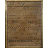 A Victorian sampler, worked by Emily Sanderson, incorporating letters of the alphabet and