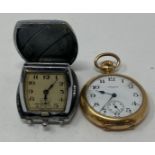 A travelling watch, in a folding case, and an open face Waltham watch, in a plated case
