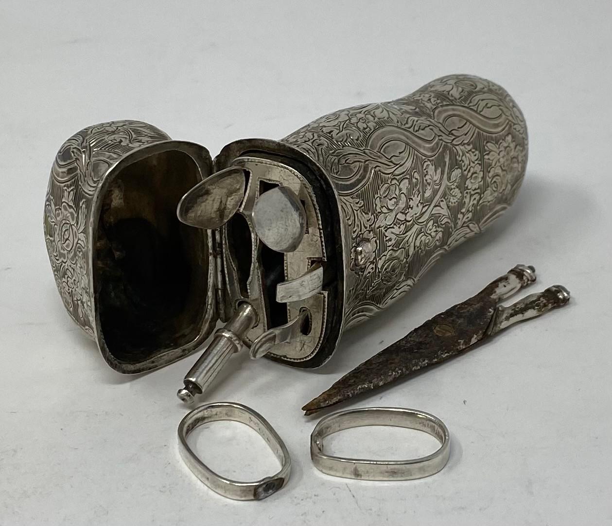 An 18th century silver coloured metal etui case, with accessories, apparently unmarked, scissors