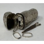 An 18th century silver coloured metal etui case, with accessories, apparently unmarked, scissors