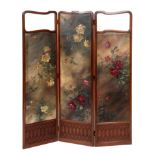 An early 20th century mahogany four fold screen, with canvas panels painted roses, 170 cm high