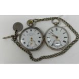 A Victorian silver open face pocket watch, another, and a silver plated Albert