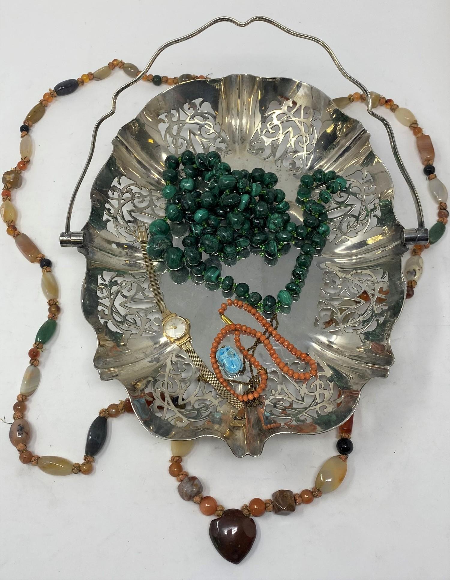 A coral necklace, various costume jewellery, and a silver plated basket (qty)