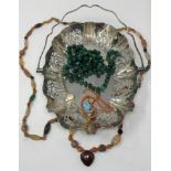 A coral necklace, various costume jewellery, and a silver plated basket (qty)