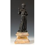 A Placide Poussielgue Rusand silver coloured metal religious figure, on an onyx base, with a brass