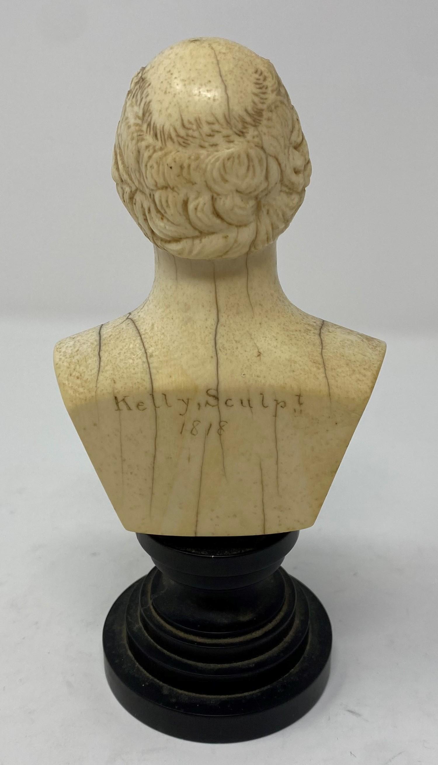 An early 19th century English carved ivory bust, of a gentleman, inscribed Kelly, Sculpt 1818, 10. - Image 2 of 2