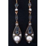 A pair of sapphire and pearl drop earrings