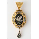 A late 19/early 20th century micro-mosaic pendant, decorated a bird, 6 cm high overall