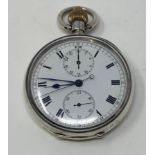 A silver open face chronograph pocket watch, with centre seconds and two subsidiary dials