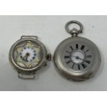 A silver coloured metal half hunter fob pocket watch, and another watch (2)