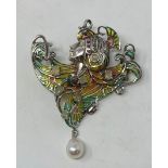 A silver plique-a-jour Cleopatra brooch/pendant, set with opals, with a pearl drop