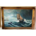 English school, 20th century, a boat in rough seas, oil on board, 97 x 62 cm