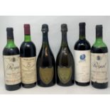 A bottle of Dom Perignon Vintage Champagne, 1964, another bottle, 1983, and four other bottles (6)