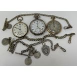 An open face silver pocket watch, two other open face watches and Albert