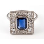 An 18ct gold sapphire and diamond Art Deco style ring, ring size M 1/2