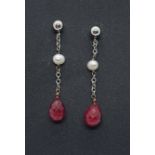 A pair of white gold, freshwater pearl and ruby drop earrings