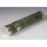 A cylindrical box and cover, mounted with shagreen and having silver mounts, marks indistinct, 20 cm