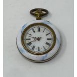 A ladies fob watch, with Roman numerals, in an enamel case, the back decorated a pansey