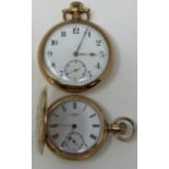 An open face pocket watch, with Arabic numerals, in a gold plated case, and a small hunter pocket