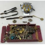 A 9ct gold wristwatch, with a leather strap, various costume jewellery, and coins (qty)