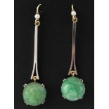 A pair of 15ct gold and jade pendant earrings