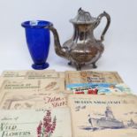 Assorted cigarette and tea cards, in albums, a plated coffee pot, a Royal Yacht cap tally, a King