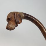 A walking stick, with a carved and painted dogs head handle, with glass eyes